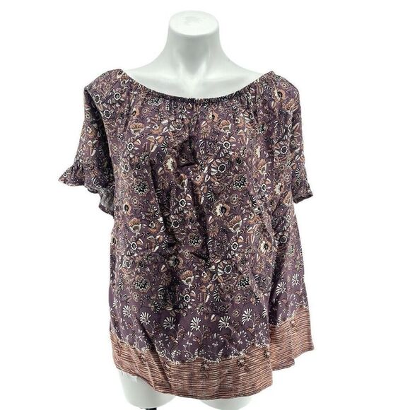 Knox Rose Off Shoulder Floral Top Purple Brown 4X Ruffle Sleeve Boho - Picture 3 of 14